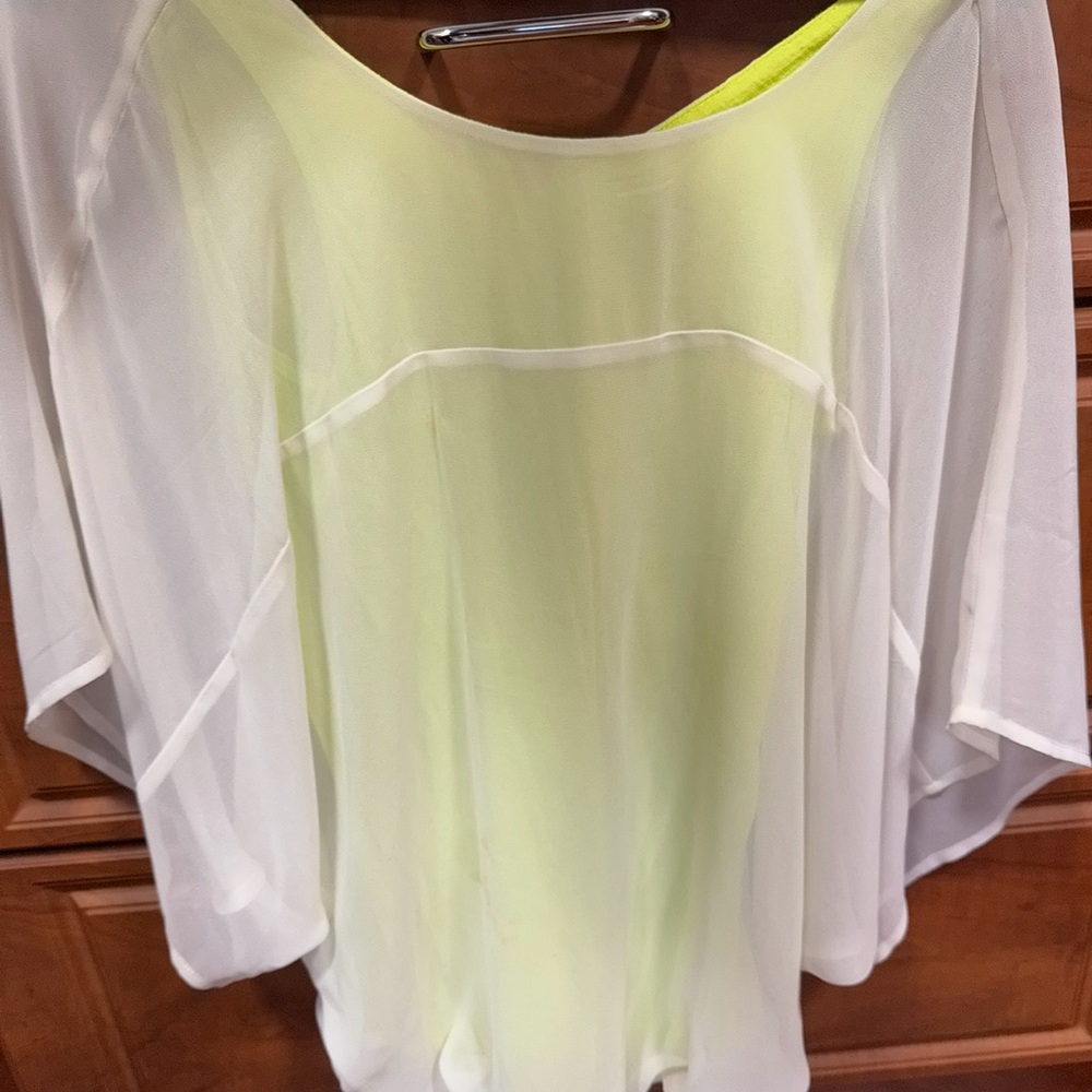 Express Sheer White and Neon Yellow Blouse